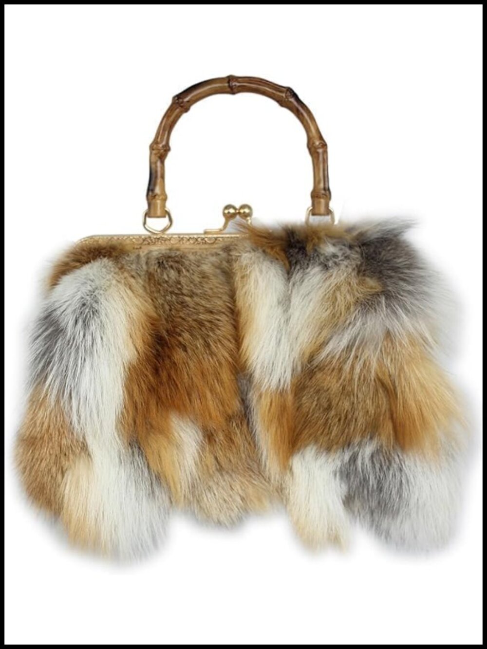 Real Fox Fur Vintage Handbag with Bamboo Handle Ethical Patchwork Purse